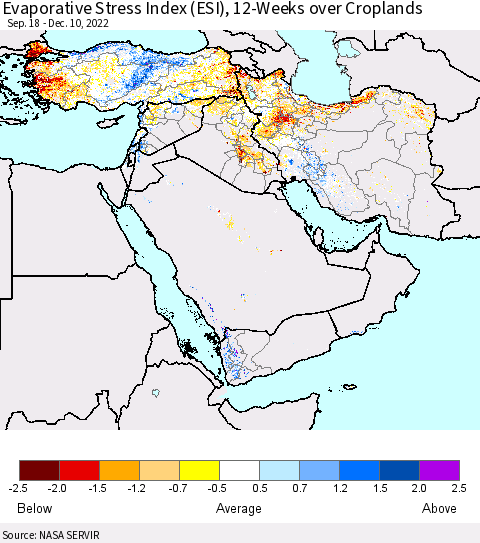Middle East and Turkey Evaporative Stress Index (ESI), 12-Weeks over Croplands Thematic Map For 12/5/2022 - 12/11/2022