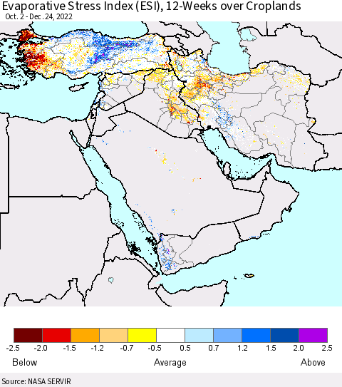 Middle East and Turkey Evaporative Stress Index (ESI), 12-Weeks over Croplands Thematic Map For 12/19/2022 - 12/25/2022