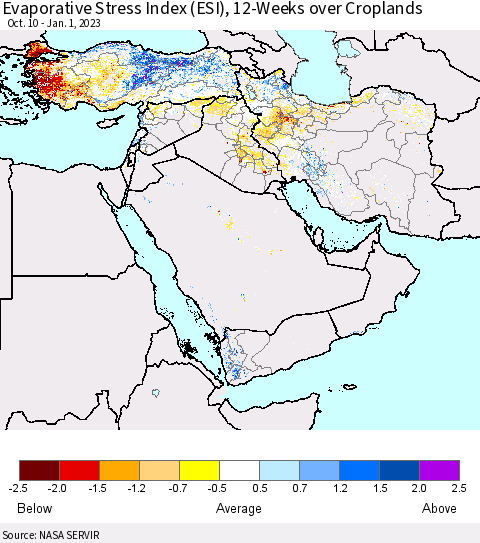 Middle East and Turkey Evaporative Stress Index (ESI), 12-Weeks over Croplands Thematic Map For 12/26/2022 - 1/1/2023
