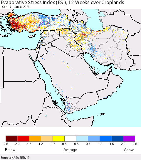 Middle East and Turkey Evaporative Stress Index (ESI), 12-Weeks over Croplands Thematic Map For 1/2/2023 - 1/8/2023