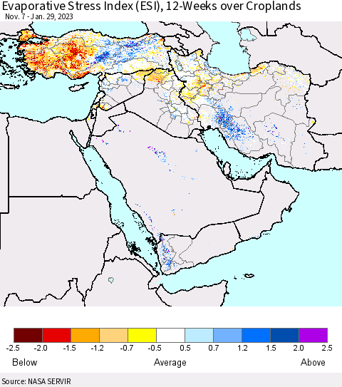 Middle East and Turkey Evaporative Stress Index (ESI), 12-Weeks over Croplands Thematic Map For 1/23/2023 - 1/29/2023