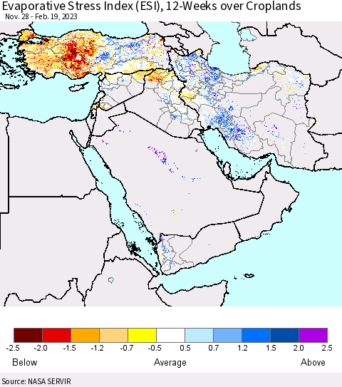 Middle East and Turkey Evaporative Stress Index (ESI), 12-Weeks over Croplands Thematic Map For 2/13/2023 - 2/19/2023