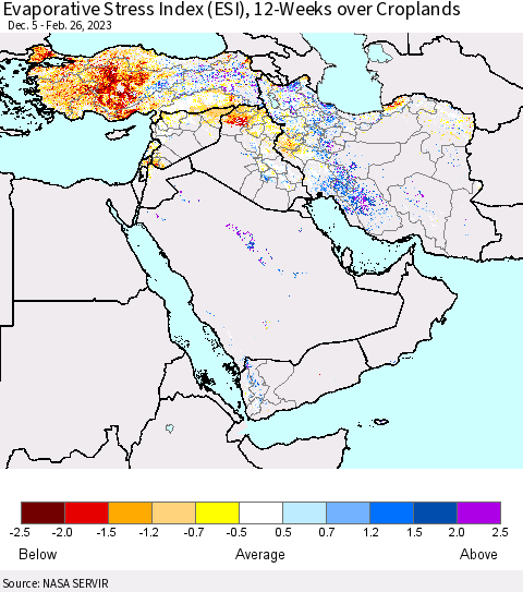 Middle East and Turkey Evaporative Stress Index (ESI), 12-Weeks over Croplands Thematic Map For 2/20/2023 - 2/26/2023