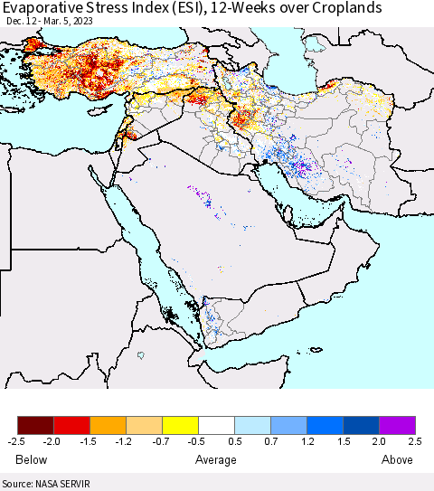 Middle East and Turkey Evaporative Stress Index (ESI), 12-Weeks over Croplands Thematic Map For 2/27/2023 - 3/5/2023