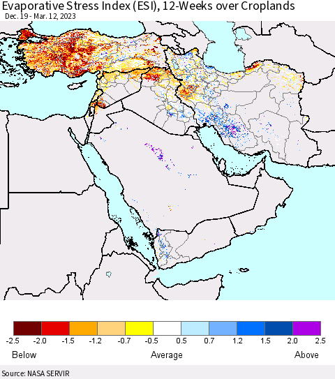 Middle East and Turkey Evaporative Stress Index (ESI), 12-Weeks over Croplands Thematic Map For 3/6/2023 - 3/12/2023