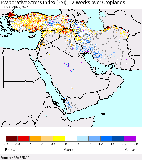 Middle East and Turkey Evaporative Stress Index (ESI), 12-Weeks over Croplands Thematic Map For 3/27/2023 - 4/2/2023