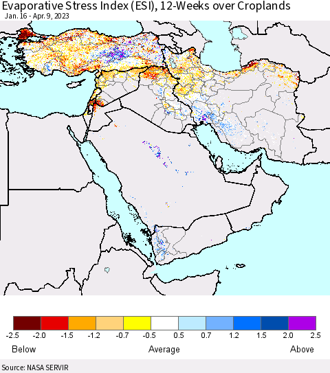 Middle East and Turkey Evaporative Stress Index (ESI), 12-Weeks over Croplands Thematic Map For 4/3/2023 - 4/9/2023