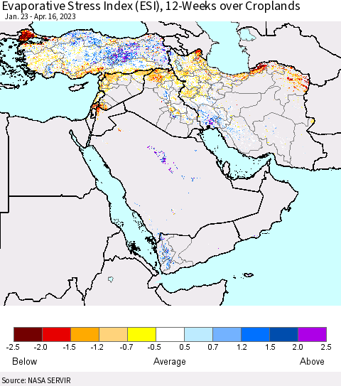Middle East and Turkey Evaporative Stress Index (ESI), 12-Weeks over Croplands Thematic Map For 4/10/2023 - 4/16/2023
