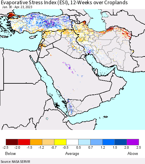 Middle East and Turkey Evaporative Stress Index (ESI), 12-Weeks over Croplands Thematic Map For 4/17/2023 - 4/23/2023