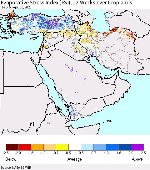 Middle East and Turkey Evaporative Stress Index (ESI), 12-Weeks over Croplands Thematic Map For 4/24/2023 - 4/30/2023