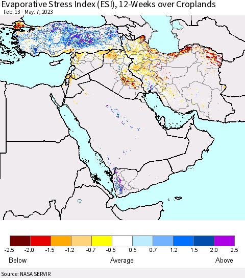 Middle East and Turkey Evaporative Stress Index (ESI), 12-Weeks over Croplands Thematic Map For 5/1/2023 - 5/7/2023