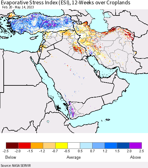 Middle East and Turkey Evaporative Stress Index (ESI), 12-Weeks over Croplands Thematic Map For 5/8/2023 - 5/14/2023