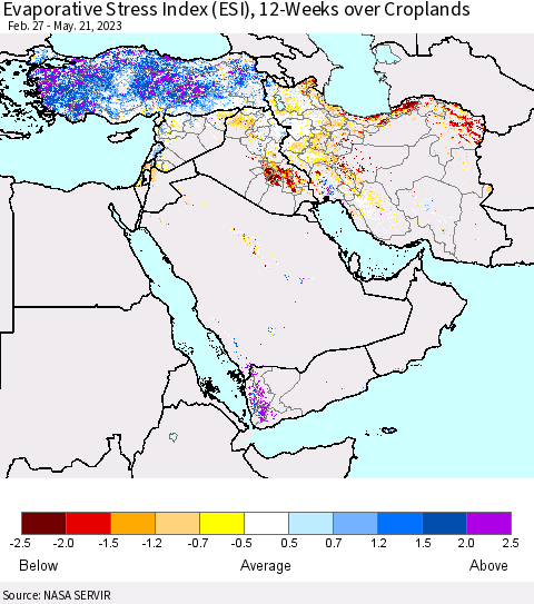 Middle East and Turkey Evaporative Stress Index (ESI), 12-Weeks over Croplands Thematic Map For 5/15/2023 - 5/21/2023