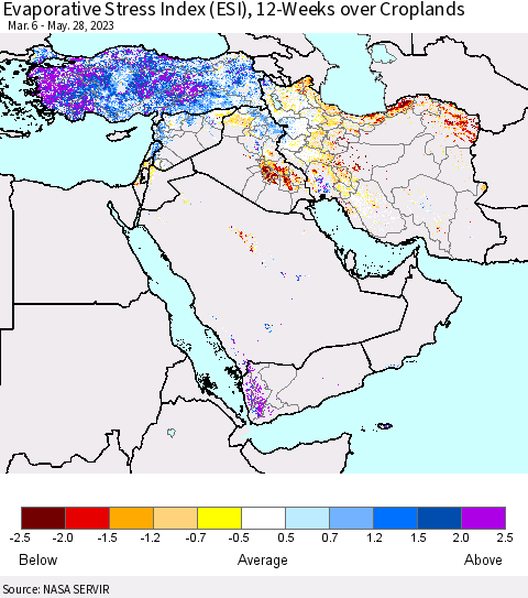 Middle East and Turkey Evaporative Stress Index (ESI), 12-Weeks over Croplands Thematic Map For 5/22/2023 - 5/28/2023
