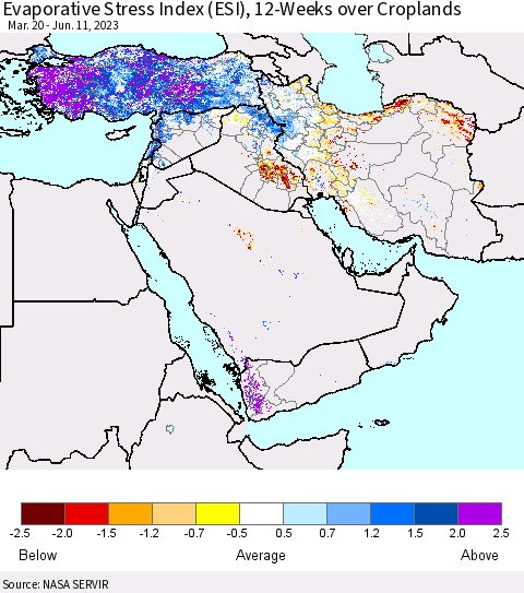 Middle East and Turkey Evaporative Stress Index (ESI), 12-Weeks over Croplands Thematic Map For 6/5/2023 - 6/11/2023