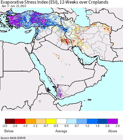 Middle East and Turkey Evaporative Stress Index (ESI), 12-Weeks over Croplands Thematic Map For 6/19/2023 - 6/25/2023