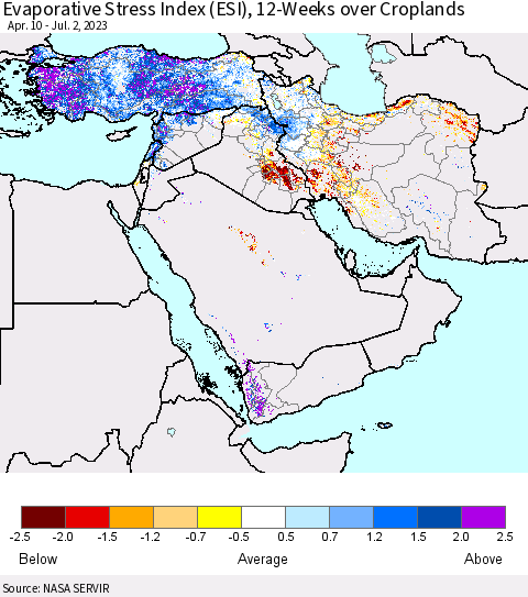Middle East and Turkey Evaporative Stress Index (ESI), 12-Weeks over Croplands Thematic Map For 6/26/2023 - 7/2/2023
