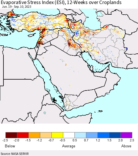 Middle East and Turkey Evaporative Stress Index (ESI), 12-Weeks over Croplands Thematic Map For 9/4/2023 - 9/10/2023