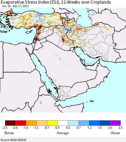 Middle East and Turkey Evaporative Stress Index (ESI), 12-Weeks over Croplands Thematic Map For 9/11/2023 - 9/17/2023