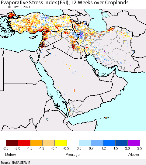 Middle East and Turkey Evaporative Stress Index (ESI), 12-Weeks over Croplands Thematic Map For 9/25/2023 - 10/1/2023