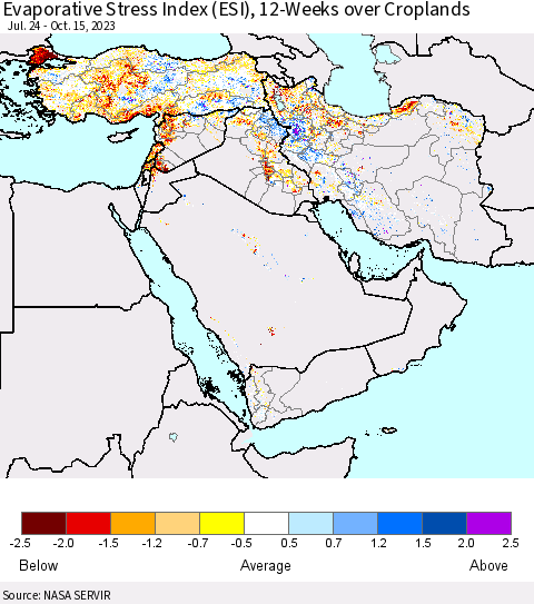 Middle East and Turkey Evaporative Stress Index (ESI), 12-Weeks over Croplands Thematic Map For 10/9/2023 - 10/15/2023