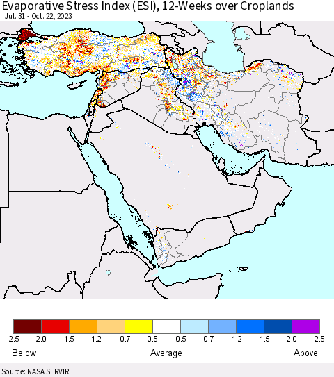 Middle East and Turkey Evaporative Stress Index (ESI), 12-Weeks over Croplands Thematic Map For 10/16/2023 - 10/22/2023