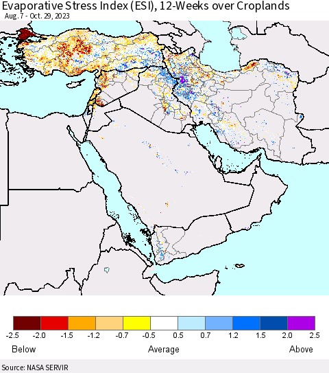 Middle East and Turkey Evaporative Stress Index (ESI), 12-Weeks over Croplands Thematic Map For 10/23/2023 - 10/29/2023