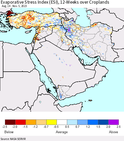 Middle East and Turkey Evaporative Stress Index (ESI), 12-Weeks over Croplands Thematic Map For 10/30/2023 - 11/5/2023