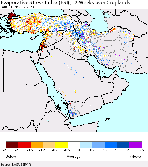Middle East and Turkey Evaporative Stress Index (ESI), 12-Weeks over Croplands Thematic Map For 11/6/2023 - 11/12/2023