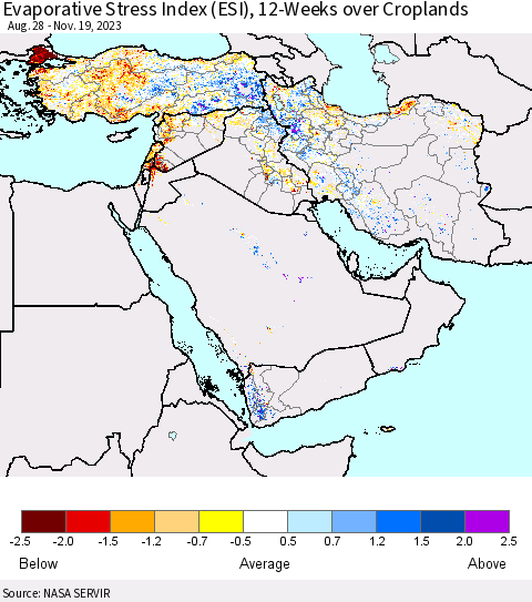 Middle East and Turkey Evaporative Stress Index (ESI), 12-Weeks over Croplands Thematic Map For 11/13/2023 - 11/19/2023