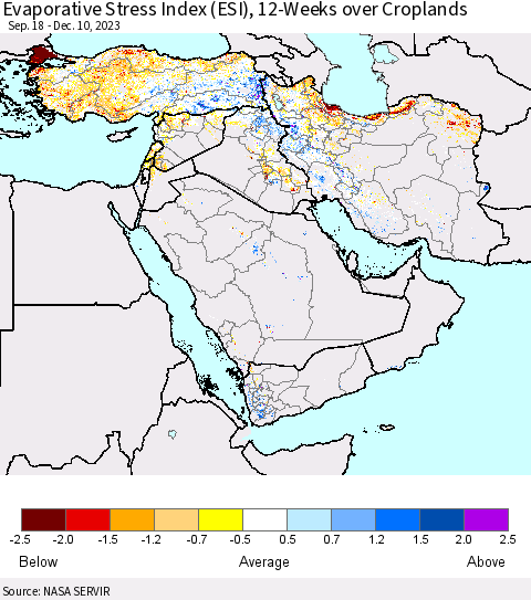 Middle East and Turkey Evaporative Stress Index (ESI), 12-Weeks over Croplands Thematic Map For 12/4/2023 - 12/10/2023