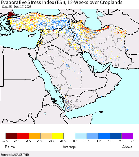 Middle East and Turkey Evaporative Stress Index (ESI), 12-Weeks over Croplands Thematic Map For 12/11/2023 - 12/17/2023