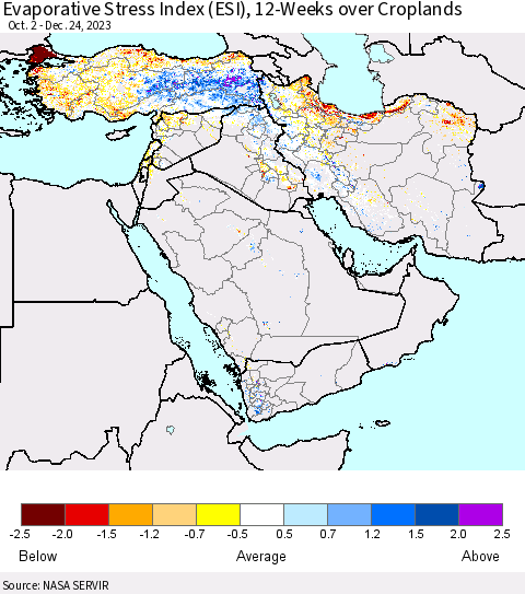 Middle East and Turkey Evaporative Stress Index (ESI), 12-Weeks over Croplands Thematic Map For 12/18/2023 - 12/24/2023