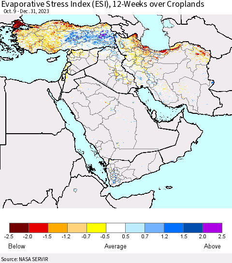 Middle East and Turkey Evaporative Stress Index (ESI), 12-Weeks over Croplands Thematic Map For 12/25/2023 - 12/31/2023
