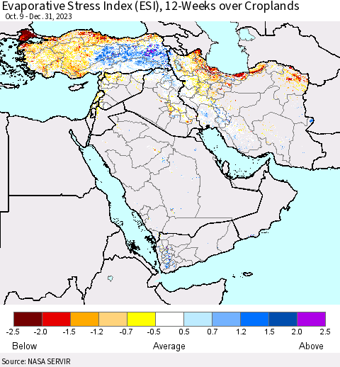 Middle East and Turkey Evaporative Stress Index (ESI), 12-Weeks over Croplands Thematic Map For 1/1/2024 - 1/7/2024