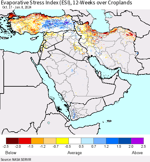 Middle East and Turkey Evaporative Stress Index (ESI), 12-Weeks over Croplands Thematic Map For 1/8/2024 - 1/14/2024