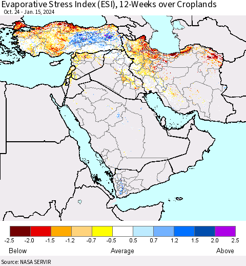 Middle East and Turkey Evaporative Stress Index (ESI), 12-Weeks over Croplands Thematic Map For 1/15/2024 - 1/21/2024
