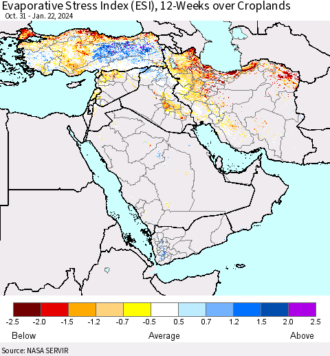 Middle East and Turkey Evaporative Stress Index (ESI), 12-Weeks over Croplands Thematic Map For 1/22/2024 - 1/28/2024