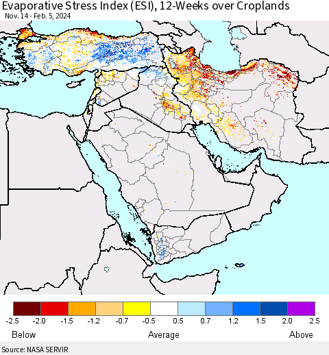 Middle East and Turkey Evaporative Stress Index (ESI), 12-Weeks over Croplands Thematic Map For 2/5/2024 - 2/11/2024