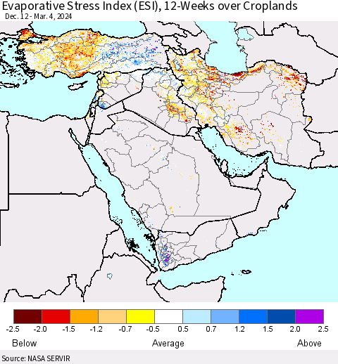 Middle East and Turkey Evaporative Stress Index (ESI), 12-Weeks over Croplands Thematic Map For 3/4/2024 - 3/10/2024