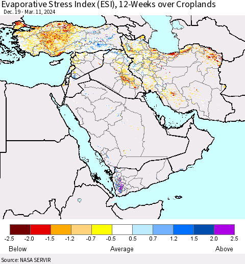 Middle East and Turkey Evaporative Stress Index (ESI), 12-Weeks over Croplands Thematic Map For 3/11/2024 - 3/17/2024