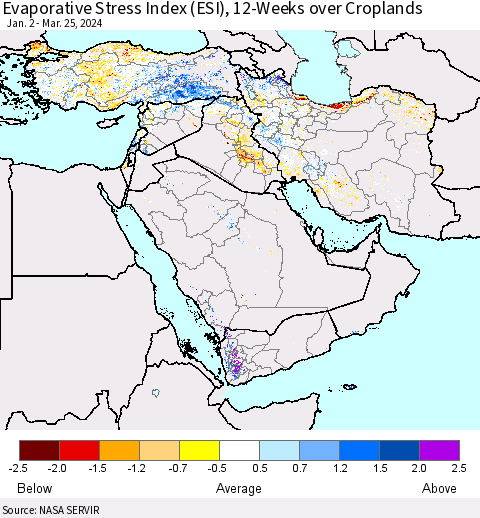 Middle East and Turkey Evaporative Stress Index (ESI), 12-Weeks over Croplands Thematic Map For 3/25/2024 - 3/31/2024