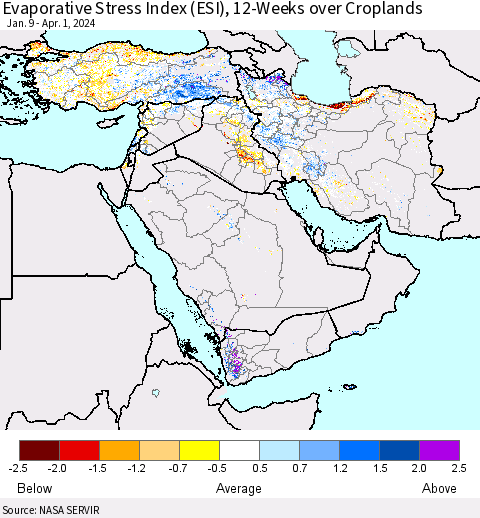 Middle East and Turkey Evaporative Stress Index (ESI), 12-Weeks over Croplands Thematic Map For 4/1/2024 - 4/7/2024