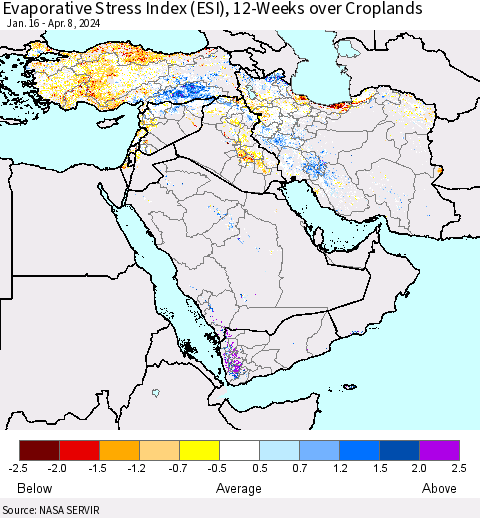 Middle East and Turkey Evaporative Stress Index (ESI), 12-Weeks over Croplands Thematic Map For 4/8/2024 - 4/14/2024