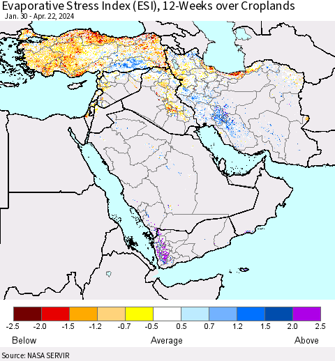 Middle East and Turkey Evaporative Stress Index (ESI), 12-Weeks over Croplands Thematic Map For 4/22/2024 - 4/28/2024