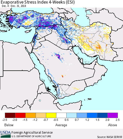 Middle East and Turkey Evaporative Stress Index (ESI), 4-Weeks Thematic Map For 12/31/2018 - 1/6/2019