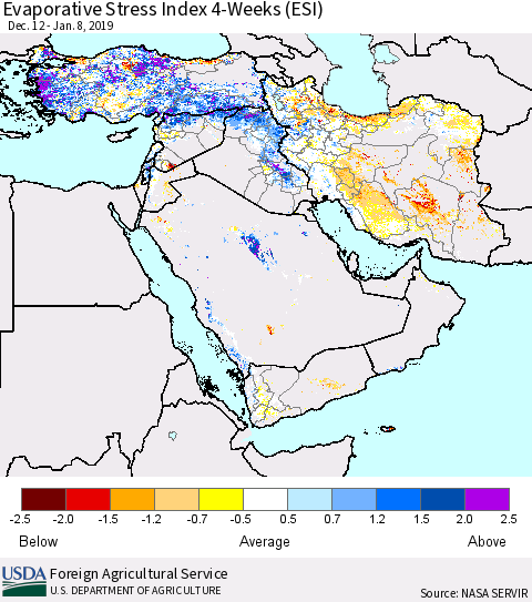 Middle East and Turkey Evaporative Stress Index (ESI), 4-Weeks Thematic Map For 1/7/2019 - 1/13/2019