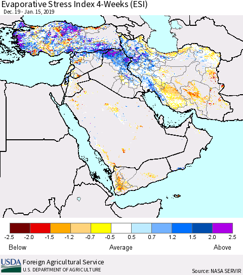 Middle East and Turkey Evaporative Stress Index (ESI), 4-Weeks Thematic Map For 1/14/2019 - 1/20/2019