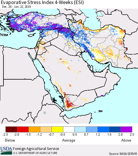 Middle East and Turkey Evaporative Stress Index (ESI), 4-Weeks Thematic Map For 1/21/2019 - 1/27/2019