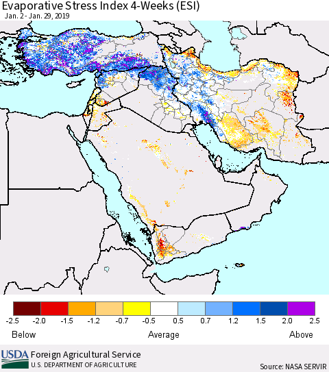Middle East and Turkey Evaporative Stress Index (ESI), 4-Weeks Thematic Map For 1/28/2019 - 2/3/2019